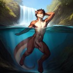 abs anthro armpit_showing balls black_nose brown_body brown_fur brown_hair erection eyes_closed foreskin fur genitals hair humanoid_genitalia humanoid_penis long_tail male nature nature_background nipples nude outdoor_nudity outdoors partially_submerged penis short_hair smile solo water waterfall horny_pepega lutrine mammal mustelid hi_res shaded