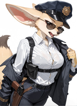 anthro bottomwear clothing eyewear fangs female holster looking_at_viewer open_mouth pants police_hat shirt simple_background solo sunglasses teeth topwear agromov canid canine fennec fox mammal absurd_res hi_res