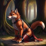 bdsm bondage bottomwear bound canid canine clothing cuff_(restraint) detailed detailed_background feral forest_path fox harness latex_socks male mammal nick_wilde obsidian raised_tail restraints side_view skirt solo tail_cuff zootopia