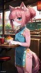 anthro asian_clothing beverage blue_eyes braided_hair chalkboard china chinese_clothing chinese_dress clothing dress east_asian_clothing female food furniture hair hair_bun inner_ear_fluff lamp lantern multicolored_body pink_body pink_hair restaurant solo spots stool table tuft two_tone_body sponch equid equine horse mammal pony absurd_res hi_res