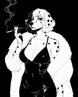 4_fingers alternate_species anthro big_breasts black_background black_clothing black_dress black_hair black_nose black_spots bored breasts cigarette claws cleavage clothed clothing dress eyebrows eyelashes eyeshadow female fingers floppy_ears fur fur_coat furrification glistening glistening_clothing hair holding_object looking_at_viewer makeup markings mature_anthro mature_female multicolored_hair narrowed_eyes simple_background smoke smoking solo spots spotted_body spotted_fur white_body white_fur unknown_director cruella_de_vil canid canine canis dalmatian domestic_dog mammal black_and_white hi_res monochrome restricted_palette