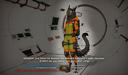 3_toes anthro beak belt belt_pouch black_body black_fur breasts claws clothed clothing dialogue elbow_pads eyewear eyewear_on_head feet female fluffy fully_clothed fur futuristic goggles goggles_on_head green_sclera hands_behind_head headphones hood_down inside jumpsuit knee_pads long_tail looking_at_viewer multicolored_clothing neck_tuft slim small_breasts solo spots standing text toes tool_belt tuft oldhroft shadow_(oldhroft) avian velari absurd_res english_text hi_res