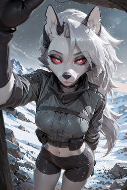 anthro female fur grey_body grey_fur male mountains red_eyes snow solo tactical_gear white_body white_fur winter anthroai hellaverse helluva_boss loona_(helluva_boss) canid canine mammal hi_res