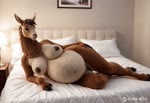 anthro areola bed bedroom belly big_belly big_breasts black_hooves breasts brown_areola brown_body brown_fur brown_hair female fingers fur furniture hair hand_on_butt hooved_fingers hooves lamp long_legs long_neck lying navel nipples on_bed on_side photorealism photorealistic pregnant realistic realistic_fur solo white_belly anonymous_director camelid llama mammal animated webm