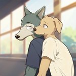anthro close-up clothing duo embrace hug looking_at_another male male/male male_focus romantic shirt simple_background t-shirt topwear horny_pepega beastars jack_(beastars) legoshi_(beastars) bird_dog canid canine canis domestic_dog golden_retriever hunting_dog mammal retriever wolf digital_drawing_(artwork) digital_media_(artwork) shaded