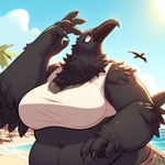 anthro avian beach beak belly big_belly big_breasts bird black_beak black_body black_feathers blackgum breasts claws clothing cloud corvid corvus_(genus) crop_top crow eyeliner feathers female light makeup oscine overweight palm_tree passerine plant seaside shirt solo sunlight topwear tree