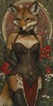 anthro boots clothing corset detailed_background female floral_background footwear gloves handwear lingerie ornate solo topwear yellow_eyes bahufaru sarah_doyle canid canine canis coyote mammal hi_res