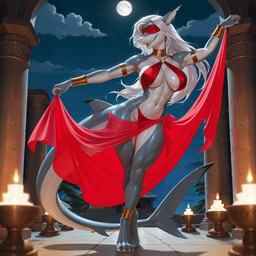 anthro athletic big_breasts bikini blind blindfold breasts candle clothing collar ear_piercing female hair harem_outfit jewelry long_hair long_tail navel navel_piercing night piercing sarong shark_tail shark_teeth sharp_teeth sling_bikini solo swimwear teeth temple white_hair erta_wanderer fish marine shark hi_res