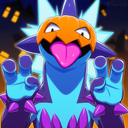 ambiguous_anthro ambiguous_gender anthro biped blue_body building fingers food fruit halloween holidays jack-o'-lantern looking_at_viewer mask open_mouth plant pumpkin purple_body solo spikes telegram telegram_logo text tongue tongue_out sergalbutt halloween_2025 nintendo pokemon generation_8_pokemon low_key_toxtricity pokemon_(species) toxtricity 1:1 director_name signature url