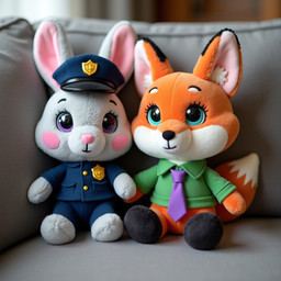 blue_eyes clothed clothing disney duo eyelashes female fur furniture grey_body headgear inner_ear_fluff long_ears looking_at_viewer male necktie orange_body orange_fur pink_nose plushie police police_badge police_hat police_uniform purple_eyes real shirt sitting smile sofa tail topwear tuft uniform white_body white_fur hank94_(director) zootopia judy_hopps nick_wilde canid canine fox lagomorph leporid mammal rabbit red_fox