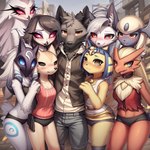 aggretsuko animal_crossing anthro beak black_beak black_body black_fur blep blue_body blue_eyes blush bottomwear breasts choker city clothed clothing collar countershading curvy_figure embrace feathers female flat_chested fur grey_body grey_fur group group_focus hair helluva_boss hugging jewelry league_of_legends long_hair looking_at_another looking_at_partner looking_at_viewer looking_away looking_down looking_up male male/female markings multicolored_body multicolored_fur narrowed_eyes necklace no_irises notched_ear orange_body outside pawpads pokemon red_eyes red_sclera reverse_countershading short_hair slim slim_body small_breasts small_waist smile tongue tongue_out topwear two_tone_body two_tone_fur white_body white_face white_feathers white_fur yellow_body yellow_eyes yellow_fur yellow_sclera arturowolff_(director) ankha_(animal_crossing) arturowolff fenneko_(aggretsuko) kindred_(league_of_legends) lamb_(league_of_legends) loona_(helluva_boss) octavia_(helluva_boss) stella_(helluva_boss) absol anatid anseriform anserinae avian bird blaziken bovid canid canid_demon canine canis caprine demon domestic_cat felid feline felis fennec fox generation_3_pokemon hellhound mammal owl pokemon_(species) sheep swan wolf hi_res