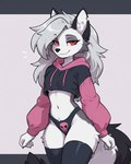 anthro breasts clothing female fluffy fur gray_hair hair hoodie long_hair looking_at_viewer looking_pleasured narrowed_eyes paggi_outfit red_eyes seductive simple_background solo topwear white_body alastorgj helluva_boss loona_(helluva_boss) canid canine canis mammal wolf hi_res