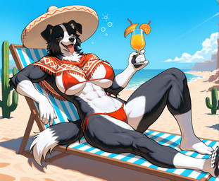 5_fingers abs alcohol anklet anthro athletic athletic_anthro athletic_female barefoot beach beverage biceps big_breasts bikini black_body black_fur black_nose blue_eyes blue_sky blush bottle breasts cactus camel_toe chair claws clothed clothing cloud container day desert detailed_background dipstick_tail drunk feet female finger_claws fingers floppy_ears food fur furniture gloves_(marking) hat headgear headwear holding_beverage holding_object huge_breasts jewelry kemono leg_markings looking_at_viewer markings mexican multicolored_body multicolored_fur muscular muscular_anthro muscular_female muscular_thighs navel nipple_outline open_mouth open_smile outside pawpads plant plantigrade reclining red_bikini red_clothing red_swimwear sand seaside side-tie_bikini sitting sky smile socks_(marking) solo sombrero substance_intoxication swimwear tail tail_markings teeth thick_thighs toe_claws toes tongue tongue_out tuft two_tone_body two_tone_fur under_boob water white_body white_fur lieutenant_chuck border_collie canid canine canis collie domestic_dog herding_dog mammal pastoral_dog sheepdog hi_res