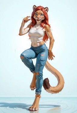 4_toes 5_fingers aaa_anime_vae_sdxl_v2_(vae) abs ai_tagging_(redrocket) anthro artois_posting_service athletic athletic_female barefoot blue_bottomwear blue_clothing blue_eyes blue_pants bottomwear breasts claws cleavage clothed clothing comfyui_(software) crop_top denim denim_bottomwear denim_clothing digitigrade dipstick_tail eyebrows eyelashes feet female finger_claws fingers fur hair inner_ear_fluff jeans long_hair looking_at_viewer markings midriff nai-diffusion-furry-3_(model) navel novafurryxl_(model) open_mouth pants pawpads paws pink_nose ponystandardvae_v10_(vae) realesrgan_x4plus_(upscaler) red_hair sdxl_vae_fp16_(vae) shirt simple_background smile solo standing tail tail_markings tan_body tan_fur teeth toe_claws toes tongue topwear torn_bottomwear torn_clothing torn_jeans torn_pants tuft white_clothing white_topwear crashbandit tankcat_(crashbandit) cougar felid feline mammal digital_media_(artwork) hi_res prompt_metainfo