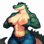 4_fingers anthro bottomwear breasts clothed clothing denim denim_clothing female fingers jeans looking_at_viewer muscular muscular_female nipples non-mammal_breasts non-mammal_nipples pants simple_background solo teeth topless yellow_eyes slop_dragon crocodilian reptile scalie 1:1