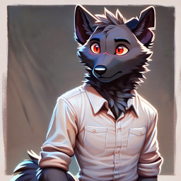 anthro black_body black_fur border clothing countershading fur grey_body grey_fur male notched_ear red_eyes reverse_countershading simple_background solo standing arturowolff_(director) arturowolff canid canine canis mammal wolf 1:1