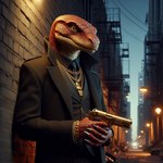 anthro black_clothing city city_background clothing coat gold_(metal) gold_jewelry gun handgun jewelry looking_at_viewer male pistol ranged_weapon red_body red_scales scales solo suit topwear trenchcoat weapon yellow_eyes omgechounknown lizard lizardman reptile scalie