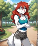 5_fingers anthro blush bottomwear breasts claws cleavage clothed clothing cloud crossed_arms day detailed_background eyebrows eyelashes female fingers flower fur garden green_eyes hair long_hair looking_at_viewer midriff navel outside park plant red_hair shirt shorts shrub sky smile solo standing tank_top topwear tree tuft white_body white_fur anontk twokinds roselyn_(twokinds) canid canine mammal 2021 2022 hi_res portrait shaded
