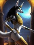 anthro anubian_jackal armor black_eyes black_nose bracers butt canid canine canis clothed clothing desert detailed_background egyptian_clothing femboy fluffy fluffy_ears fluffy_tail fur gold_(metal) hair hi_res hieroglyphics humanoid_hands jackal jewelry long_hair looking_at_viewer male mammal moon night night_sky outside pillar portrait prick_ears sand seductive shadow skimpy sky snout solo star starry_sky tease three-quarter_portrait white_body white_fur yellow_sclera