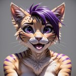 anthro big_eyes chest_tuft countershading ear_tuft eyeshadow fangs female fur hair looking_at_viewer makeup mascara open_mouth pink_tongue punk_hair purple_eyes purple_hair purple_stripes realism realistic smile solo stripes tongue tuft yellow_body yellow_fur ilmpbx borealis domestic_cat felid feline felis mammal hi_res