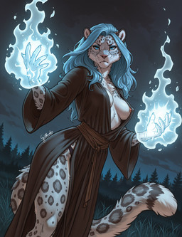 anthro blue_eyes blue_hair clothing fantasy female forest hair magic magic_user nails nipple_outline panties plant robe solo tree underwear gilkardex felid mammal pantherine snow_leopard absurd_res hi_res