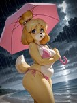 anthro beach belly big_breasts big_butt bikini breasts butt clothing female fur navel raining seaside slightly_chubby solo storm surprised_expression swimwear tail thick_thighs tropical umbrella wide_hips yellow_body yellow_fur sherlock_hound_(director) animal_crossing nintendo isabelle_(animal_crossing) canid canine canis domestic_dog mammal shih_tzu toy_dog hi_res