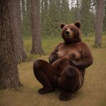 absurd_res anthro belly brown_bear brown_body brown_nipples female forest forest_background genitals hi_res mammal nature nature_background nipples overweight overweight_anthro overweight_female plant pussy realistic realistic_fur sitting sitting_on_ground solo splice spread_legs spreading tree ursid ursine