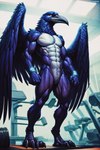 abs anthro athletic beak biceps bird_feet black_body black_feathers feathers featureless_chest featureless_crotch gym inside male muscular muscular_anthro muscular_male nude pecs ripped_muscles solo triceps veiny_muscles wings birdovo avian bird corvid corvus_(genus) oscine passerine raven hi_res