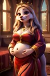 anthro blonde_hair brown_eyes clothing crown female fur hair holding_belly inside jewelry male medieval medieval_clothing necklace pregnant pregnant_female red_clothing royalty solo white_body white_fur mecha_froggy canid mammal absurd_res hi_res