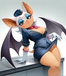 anthro breasts cleavage clothed clothing eyeshadow female flight_attendant fur gloves handwear lipstick looking_at_viewer makeup simple_background solo sonic_the_hedgehog_(series) tan_body tan_skin white_body white_fur wings unknown_director rouge_the_bat chiropteran mammal hi_res