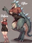 big_breasts breasts clothing female simple_background solo text transformation kyxsoon godzilla hi_res