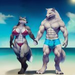 abs agreenfish anthro beach biceps big_bulge blue_eyes bulge camel_toe canid canine canis claws clothing detailed_background digitigrade duo female fluffy_fur fur grey_body grey_fur hand_holding larger_male looking_at_another looking_at_partner male male/female mammal muscular muscular_female muscular_legs muscular_male orange_eyes pecs sea seaside size_difference smaller_female standing swimwear tight_clothing water white_body white_fur wolf