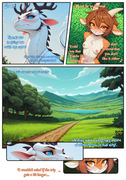 anthro antlers blue_eyes blush breasts brown_hair dialogue duo female feral hair horizontal_pupils horn landscape looking_at_viewer male male/female mythology nipples nude orange_eyes outdoor_nudity outside pupils scales short_hair size_difference slit_pupils small_breasts white_body white_scales nonimousmate gwen_(nonimousmate) ignir_(nonimousmate) bovid caprine cervid dragon goat hybrid mammal mythological_creature mythological_scalie scalie comic hi_res