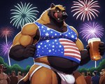 4th_of_july 5_fingers alcohol anthro beer belly beverage body_hair bulge claws clothed clothing crowd fingers fireworks fur group happy_trail holding_beverage holding_object jockstrap licking licking_lips low-angle_view male manly midriff multicolored_body multicolored_fur musclegut muscular muscular_male navel night outside overweight overweight_male partially_clothed public shirt smile smirk solo_focus stars_and_stripes tank_top teeth tongue tongue_out topwear two_tone_body two_tone_fur underwear united_states_of_america fox1400 gulonine mammal mustelid musteline wolverine absurd_res hi_res portrait three-quarter_portrait watermark