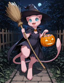 ambiguous_gender anthro blush brooch broom candy cleaning_tool dessert fluffy food full_moon halloween_bucket happy moon night outside solo witch_costume bommel halloween_2025 nintendo pokemon legendary_pokemon mew pokemon_(species) hi_res
