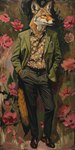 andromorph anthro belt clothing floral_background intersex shirt slacks solo suit topwear yellow_eyes bahufaru thomas_doyle_(bahufaru) canid canine canis coyote mammal hi_res