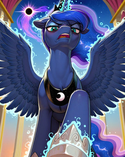 aura bags_under_eyes black_hole blue_body blue_fur ears_back feathered_wings feathers female feral fur horn magical_aura pivoted_ears regalia solo spread_wings stern_look unimpressed wings anonymous_director friendship_is_magic my_little_pony princess_luna_(mlp) equid equine mammal winged_unicorn hi_res