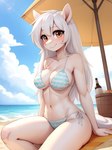 anthro beach beach_background bikini blue_bikini blue_clothing blue_swimwear clothing female hair long_hair looking_at_viewer seaside smile smiling_at_viewer solo swimwear white_body white_hair white_skin yiff_ai equid equine horse mammal pony