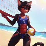 abs anthro athletic athletic_male beach bulge closed_smile clothed clothing crossdressing front_view generation_7_pokemon litten male navel nipple_outline pokemon_(species) portrait seaside seductive solo speedo sport swimwear thatredhyena three-quarter_portrait topwear volleyball water