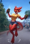 3_toes 4_fingers anthro bench bent_leg beverage_can blurred_background bottomwear breasts cheek_spikes claws clothing countershading crop_top cutoffs denim denim_clothing excited facial_spikes feet female finger_claws fingers happy horn jumping midriff motion_blur motion_lines open_mouth park plant red_body red_scales scales shirt shorts solo spikes spikes_(anatomy) toe_claws toes topwear tree wide_hips yellow_sclera unknown_director kobold reptile scalie hi_res