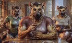 anonymous_director anthro bottomwear clothed clothing cutoffs denim denim_clothing eating female food fully_clothed furniture group hi_res hyaenid inside looking_at_viewer mammal muscular muscular_female shirt shorts sitting smile t-shirt topwear trio