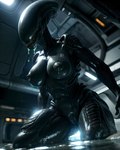 anthro black_nipples bodily_fluids breasts dripping female genitals glistening glistening_body low-angle_view nipples partially_submerged prompt pussy saliva saliva_drip science_fiction sharp_teeth solo teeth thick_thighs water purrfectlyai alien xenomorph absurd_res hi_res