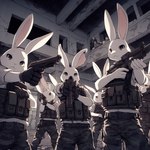 anthro armor body_armor building clothing flak_jacket fur gesture group gun handgun inside machine_gun male military military_uniform pointing pointing_at_viewer rabbit_ears ranged_weapon uniform weapon white_body white_fur technical_monkey lagomorph leporid mammal rabbit