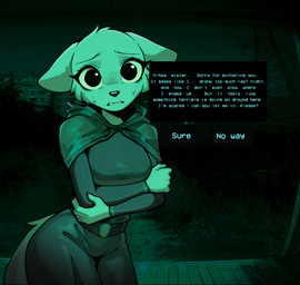 anthro arms_crossed big_ears big_eyes breasts clothing detailed_background dialogue female fur looking_at_viewer nervous no_i'm_not_a_human robe scared solo tail talking_to_viewer text kibermozgai katia_managan felid khajiit mammal hi_res