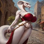 anthro apode big_breasts breasts city city_background clothed clothing female forked_tongue half-closed_eyes huge_breasts legless looking_at_viewer narrowed_eyes partially_clothed serpentine solo tongue wide_hips koboldcollector cobra draconcopode naga reptile scalie snake absurd_res hi_res