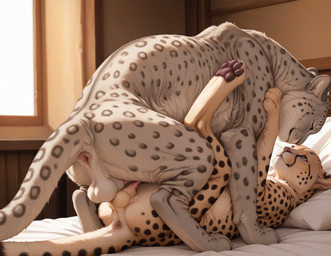 animal_genitalia animal_penis anus balls balls_touching bed bedroom_eyes duo feline_anatomy feline_genitalia feline_penis feral frottage furniture genitals inside lying male male/male narrowed_eyes on_back penis quadruped seductive sex cayuse cheetah felid feline mammal pantherine snow_leopard invalid_tag hi_res
