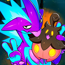 ambiguous_anthro ambiguous_feral ambiguous_gender anthro biped blue_body duo feral food fruit gesture hand_gesture holding_another jack-o'-lantern looking_at_viewer open_mouth plant pumpkin purple_body smile spikes spikes_(anatomy) teeth telegram telegram_logo text tongue tongue_out v_sign yellow_eyes sergalbutt halloween_2025 nintendo pokemon generation_6_pokemon generation_8_pokemon low_key_toxtricity pokemon_(species) pumpkaboo toxtricity 1:1 director_name signature url