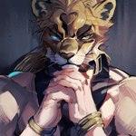 accessory alternate_species anthro bracelet furrfication hand_holding headband jewelry male solo dio_brando felid lion mammal pantherine