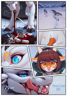 anthro blood blood_in_mouth blood_pool bodily_fluids breath dialogue female feral gore group licking licking_lips lying male mythology outside pupils sharp_teeth slit_pupils snow teeth tongue tongue_out unconscious worried_look nonimousmate gwen_(nonimousmate) ignir_(nonimousmate) bovid canid canine canis caprine cervid dragon goat hybrid mammal mythological_creature mythological_scalie scalie wolf comic hi_res