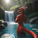 anthro bathing brown_eyes depth_of_field dripping female glistening glistening_body horn lens_flare lily_pad looking_at_viewer looking_back looking_back_at_viewer nude outside partially_submerged photorealism plant realistic red_body red_scales river scales smile solo subsurface_scattering waterfall wet wet_body cartuniverse kobold scalie hi_res